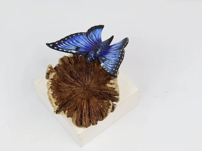 Hand-Carved & Painted Blue Butterfly Sculpture on Natural Wood Base - Freestanding Decor