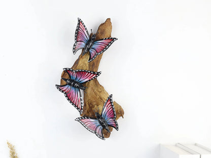 Hand-Carved & Painted Butterfly Trio Wall Art - Vibrant Woodland Display