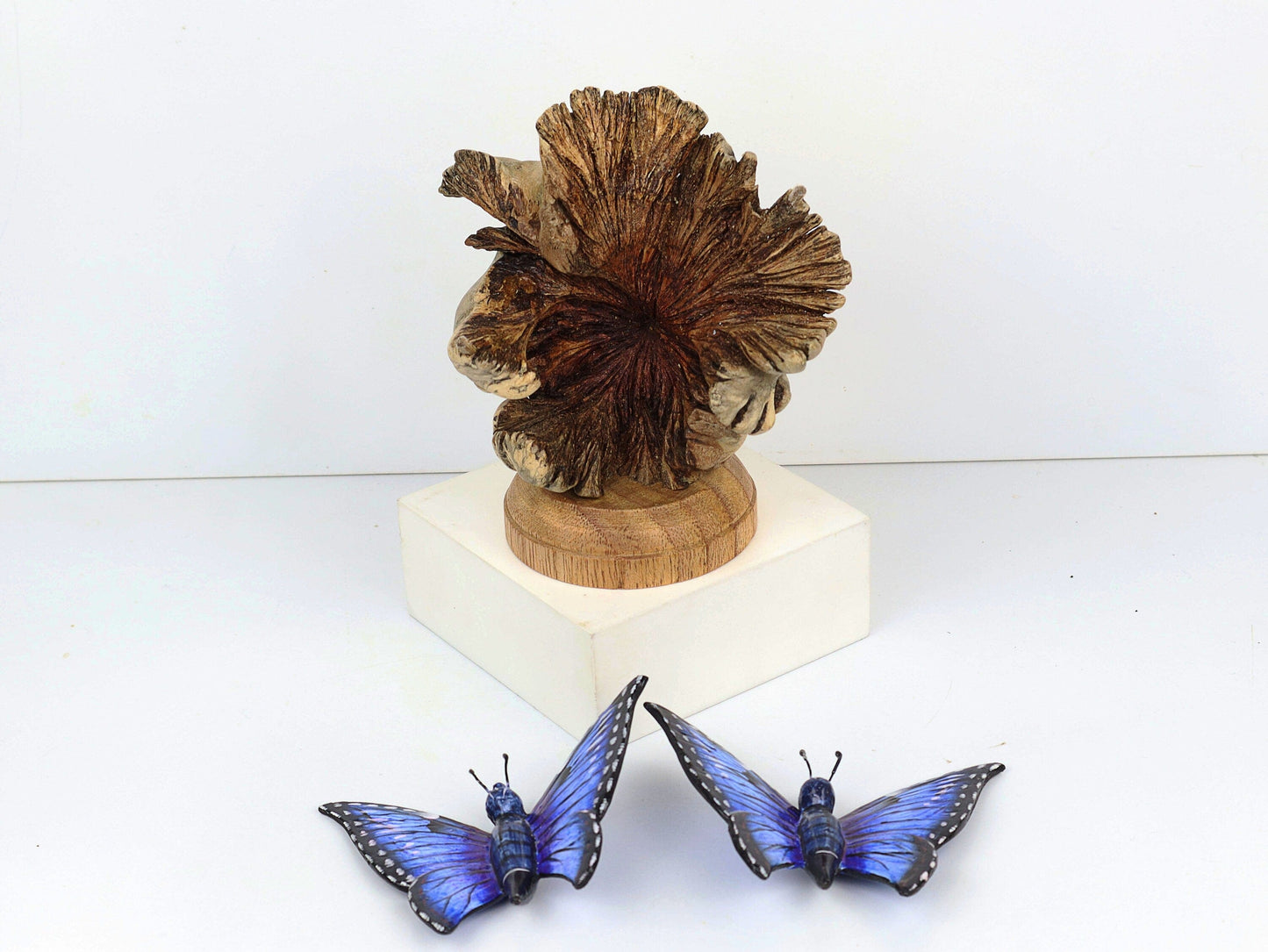 Hand-Carved & Painted Blue Butterfly Pair on Natural Wood Base - Freestanding Decor