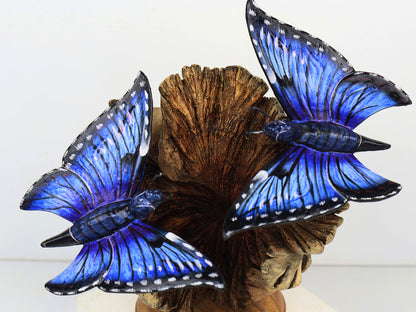 Hand-Carved & Painted Blue Butterfly Pair on Natural Wood Base - Freestanding Decor