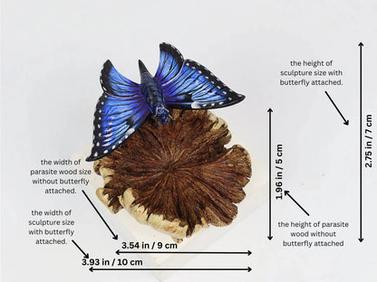 Hand-Carved & Painted Blue Butterfly Sculpture on Natural Wood Base - Freestanding Decor