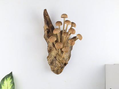 Hand-Carved Natural Wood Textured Mushroom Cluster Wall Art - Vertical Woodland Display