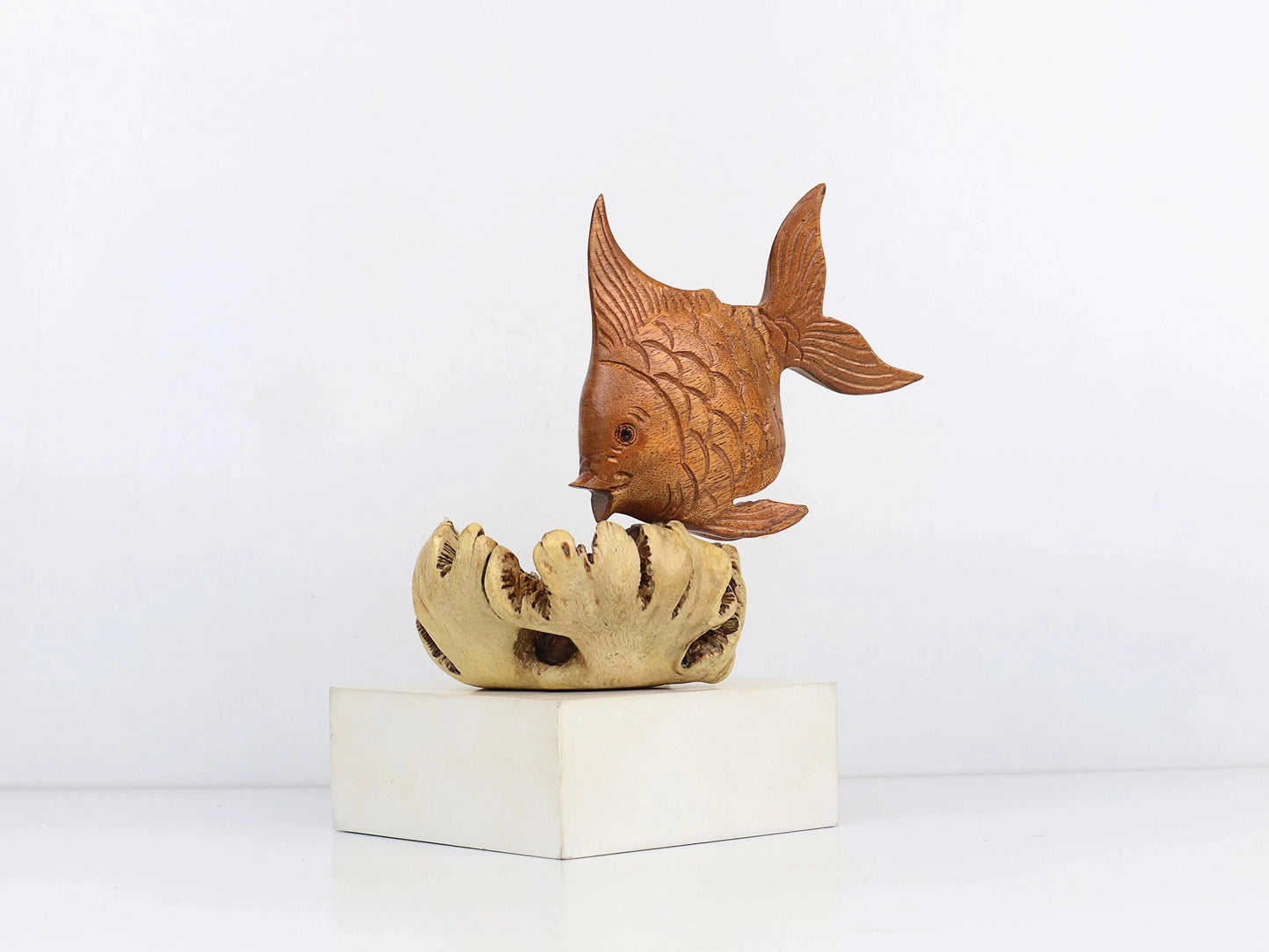 Hand-Carved Wooden Fish Sculpture on Unique Organic Base - Coastal Home Decor