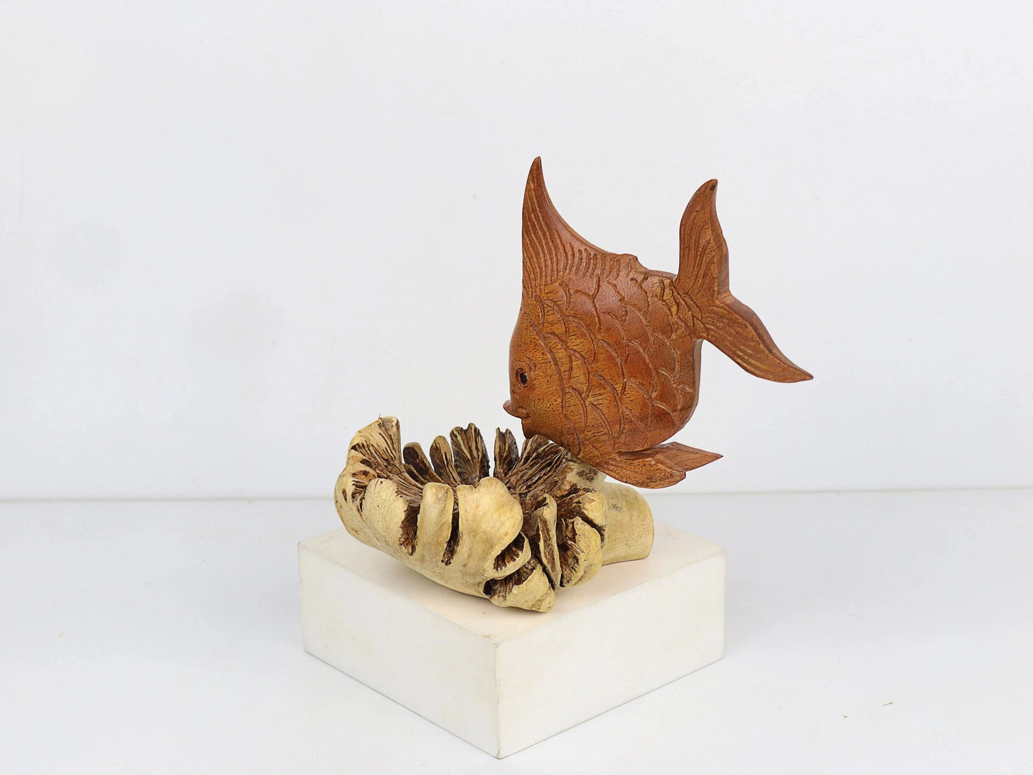 Hand-Carved Wooden Fish Sculpture on Unique Organic Base - Coastal Home Decor