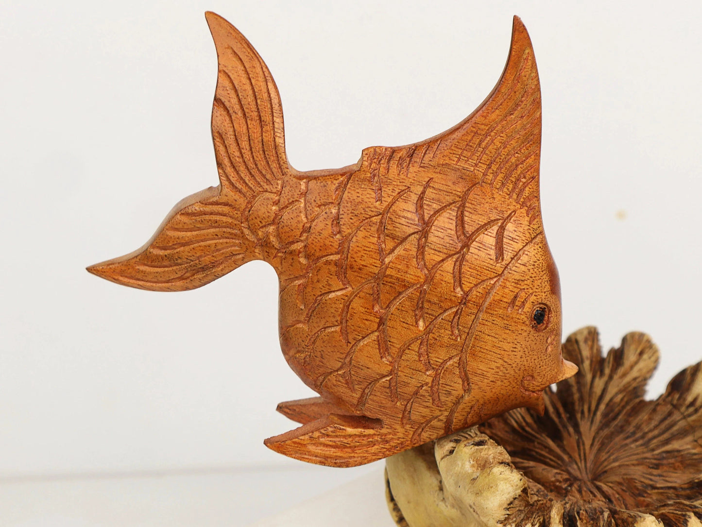 Hand-Carved Wooden Fish Sculpture on Unique Organic Base - Coastal Home Decor