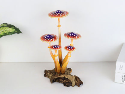 Hand-Carved & Painted Orange & Purple Mushroom Sculpture - Whimsical Tabletop Decor