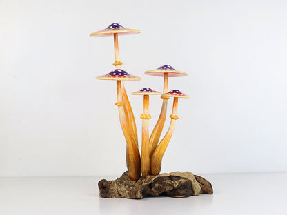 Hand-Carved & Painted Orange & Purple Mushroom Sculpture - Whimsical Tabletop Decor