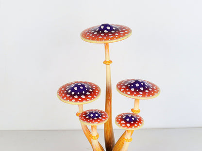 Hand-Carved & Painted Orange & Purple Mushroom Sculpture - Whimsical Tabletop Decor