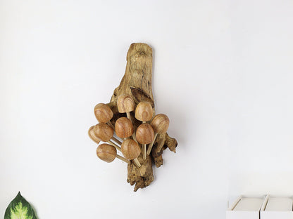 Hand-Carved Natural Wood Mushroom Cluster Wall Art - Vertical Woodland Display