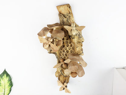 Hand-Carved Wooden Bee & Mushroom Honeycomb Wall Art - Vertical Rustic Decor