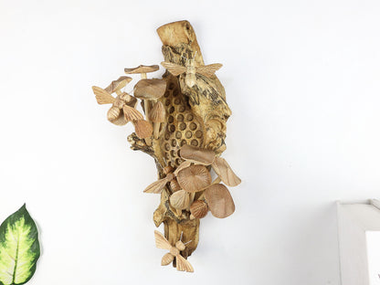 Hand-Carved Wooden Bee & Mushroom Honeycomb Wall Art - Vertical Rustic Decor