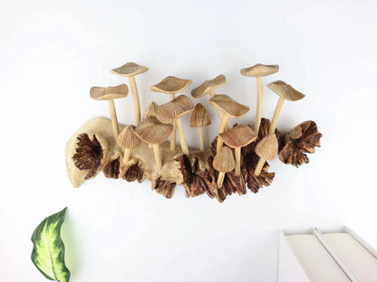 Hand-Carved Natural Wood Fanned Mushroom Log Sculpture - Horizontal Woodland Centerpiece