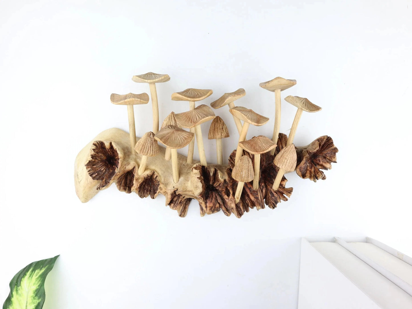 Hand-Carved Natural Wood Fanned Mushroom Log Sculpture - Horizontal Woodland Centerpiece
