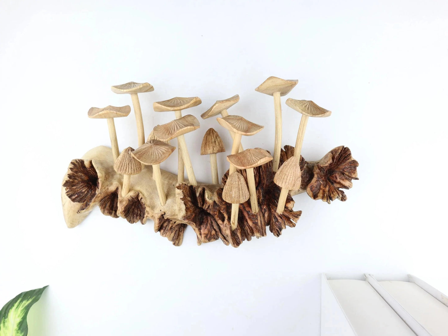 Hand-Carved Natural Wood Fanned Mushroom Log Sculpture - Horizontal Woodland Centerpiece