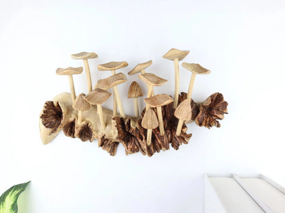 Hand-Carved Natural Wood Fanned Mushroom Log Sculpture - Horizontal Woodland Centerpiece