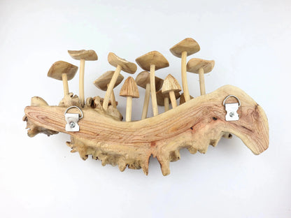 Hand-Carved Natural Wood Fanned Mushroom Log Sculpture - Horizontal Woodland Centerpiece
