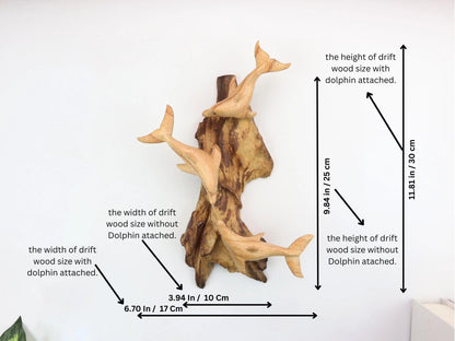 Hand-Carved Wooden Dolphin Trio Wall Art on Driftwood - Rustic Coastal Decor