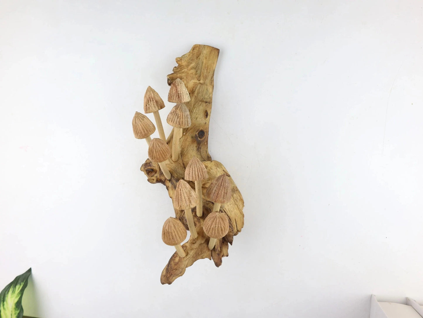 Hand-Carved Natural Wood Conical Mushroom Cluster Wall Art - Vertical Woodland Display