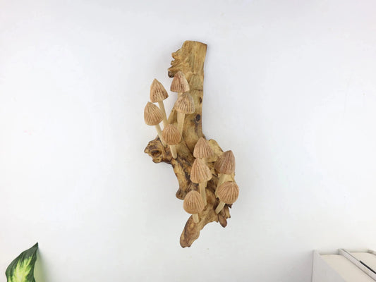 Hand-Carved Natural Wood Conical Mushroom Cluster Wall Art - Vertical Woodland Display