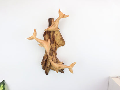 Hand-Carved Wooden Dolphin Trio Wall Art on Driftwood - Rustic Coastal Decor