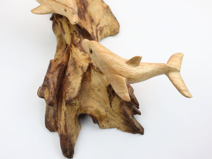 Hand-Carved Wooden Dolphin Trio Wall Art on Driftwood - Rustic Coastal Decor