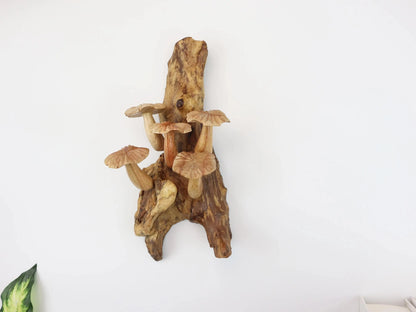 Hand-Carved Natural Wood Fanned Mushroom Wall Art - Vertical Woodland Display