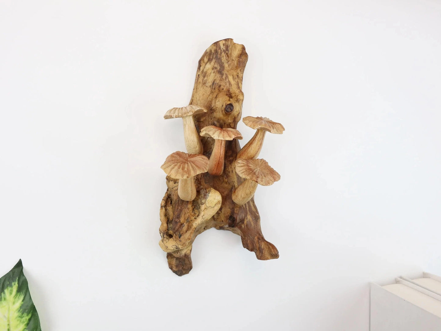Hand-Carved Natural Wood Fanned Mushroom Wall Art - Vertical Woodland Display