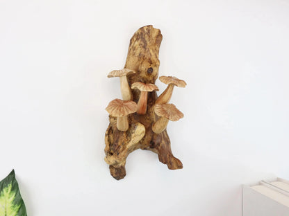 Hand-Carved Natural Wood Fanned Mushroom Wall Art - Vertical Woodland Display