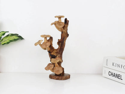 Hand-Carved Natural Wood Mushroom Cluster Sculpture - Rustic Freestanding Decor