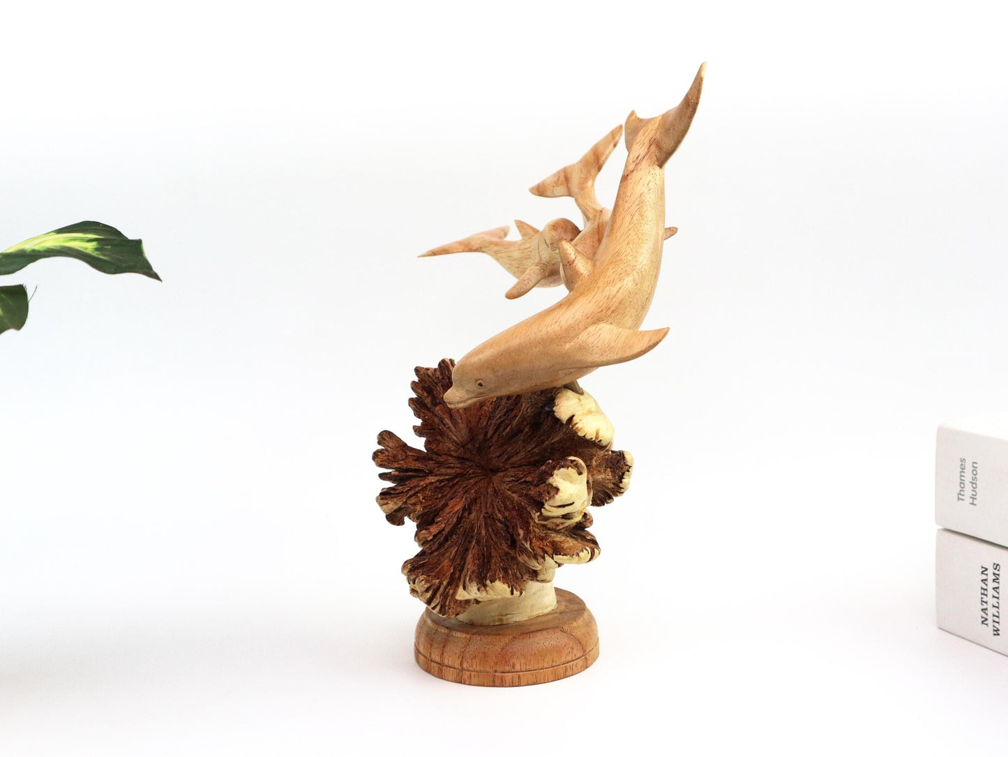 Hand-Carved Wooden Dolphin Family on Natural Wood Base - Coastal Home Decor