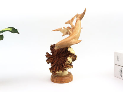 Hand-Carved Wooden Dolphin Family on Natural Wood Base - Coastal Home Decor
