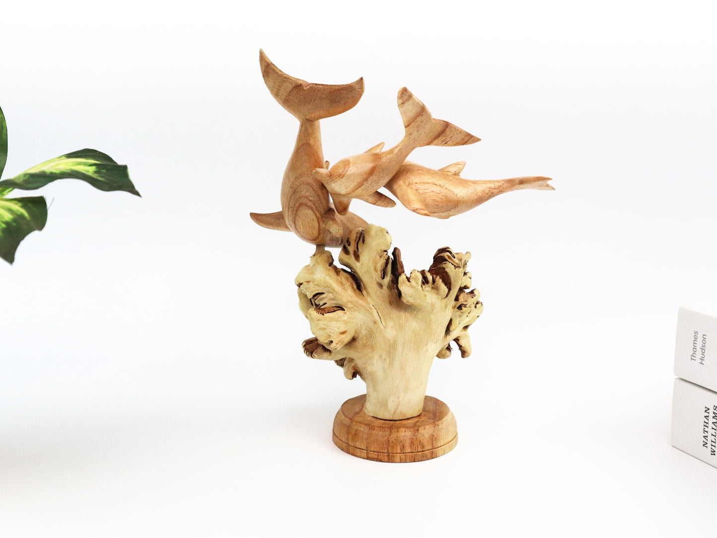 Hand-Carved Wooden Dolphin Family on Natural Wood Base - Coastal Home Decor