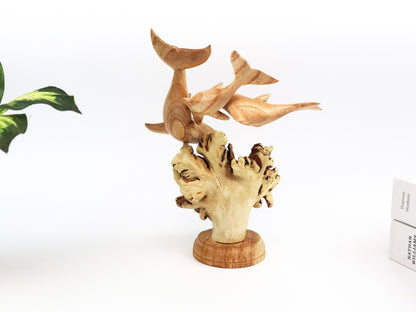 Hand-Carved Wooden Dolphin Family on Natural Wood Base - Coastal Home Decor