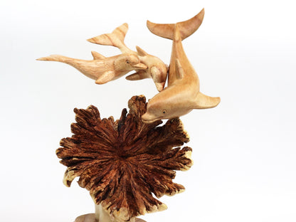 Hand-Carved Wooden Dolphin Family on Natural Wood Base - Coastal Home Decor