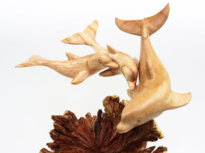Hand-Carved Wooden Dolphin Family on Natural Wood Base - Coastal Home Decor
