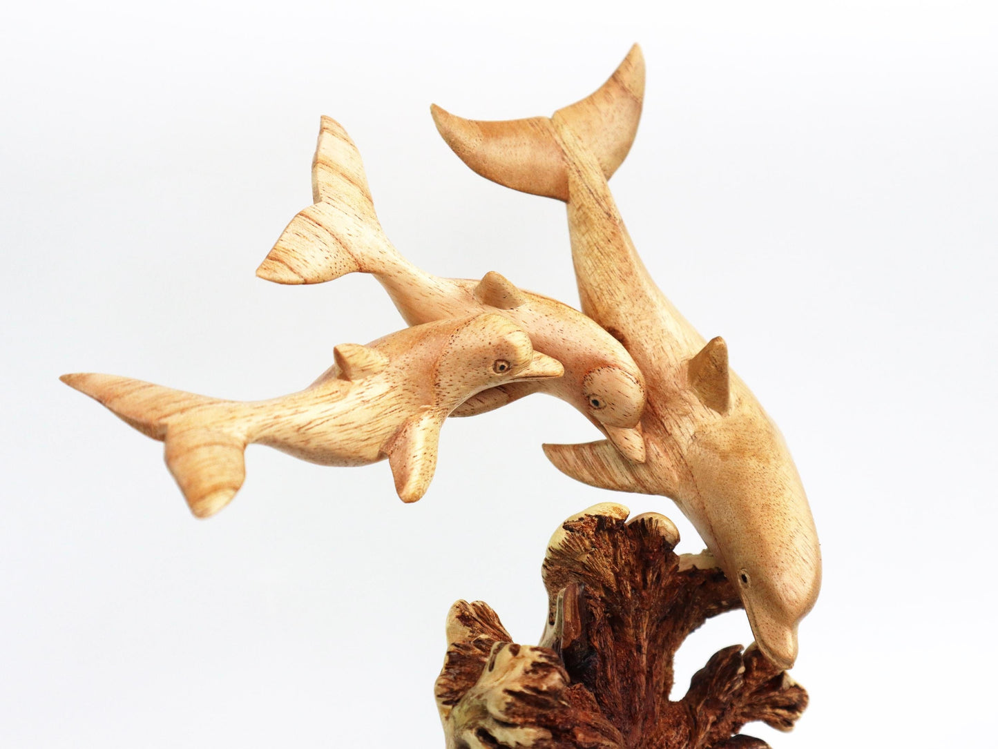 Hand-Carved Wooden Dolphin Family on Natural Wood Base - Coastal Home Decor