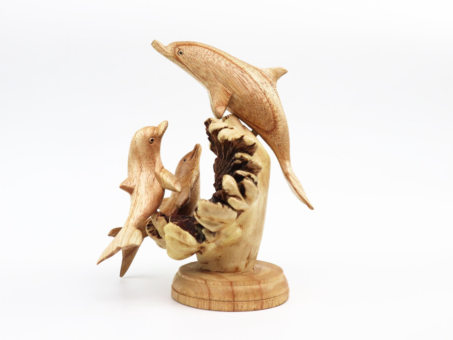 Hand-Carved Wooden Dolphin Family on Natural Wood Base - Coastal Home Decor