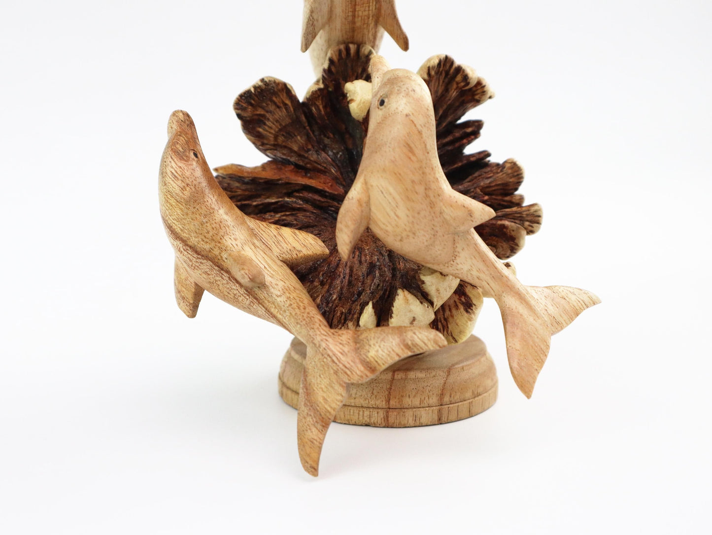 Hand-Carved Wooden Dolphin Family on Natural Wood Base - Coastal Home Decor