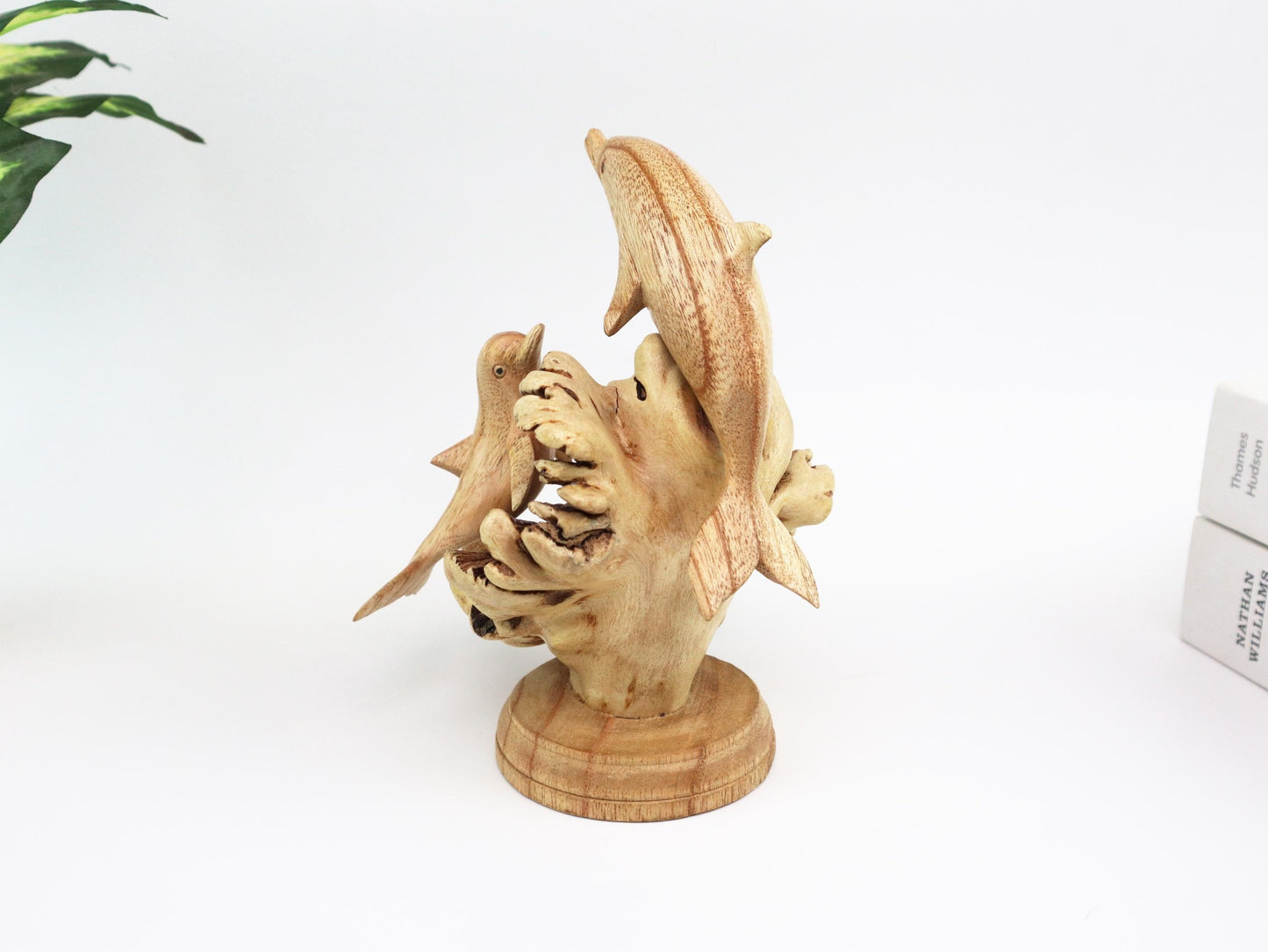 Hand-Carved Wooden Dolphin Family on Natural Wood Base - Coastal Home Decor