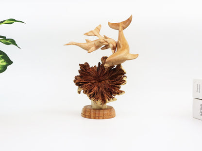 Hand-Carved Wooden Dolphin Family on Natural Wood Base - Coastal Home Decor