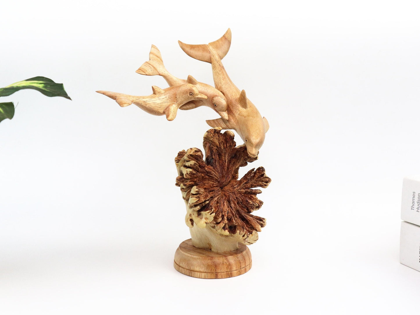 Hand-Carved Wooden Dolphin Family on Natural Wood Base - Coastal Home Decor