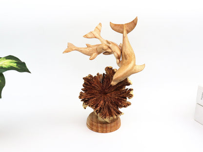 Hand-Carved Wooden Dolphin Family on Natural Wood Base - Coastal Home Decor