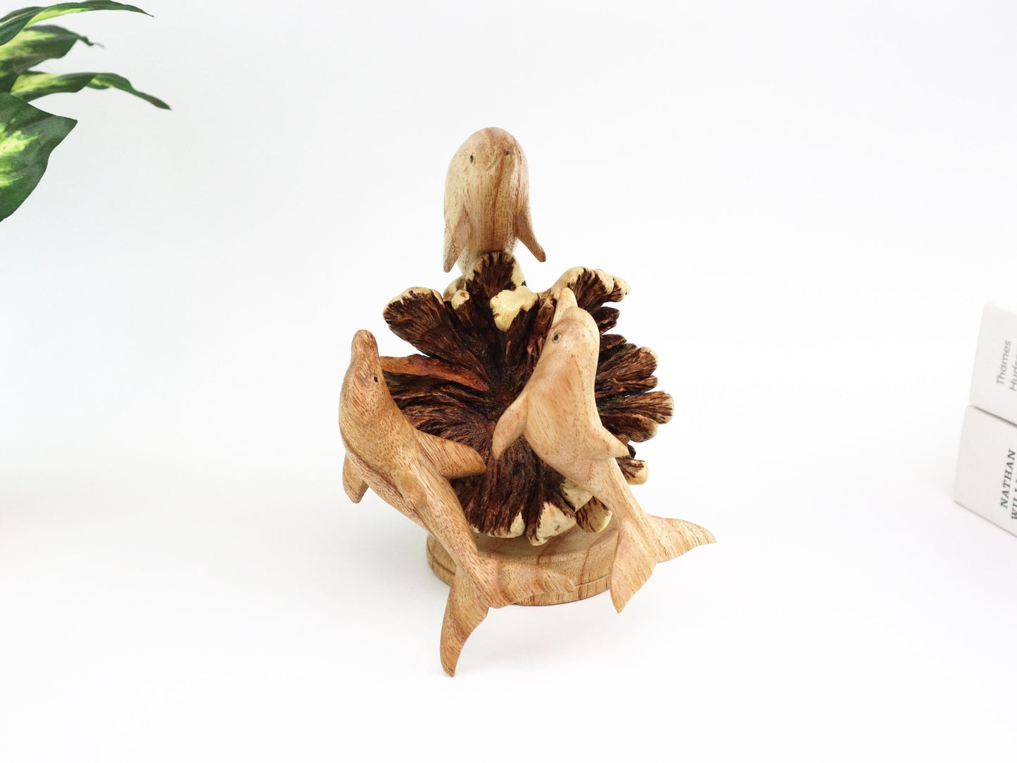 Hand-Carved Wooden Dolphin Family on Natural Wood Base - Coastal Home Decor
