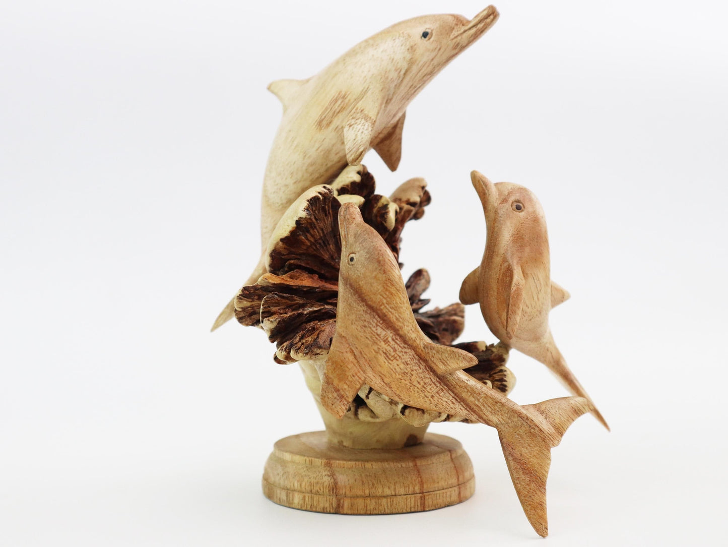 Hand-Carved Wooden Dolphin Family on Natural Wood Base - Coastal Home Decor