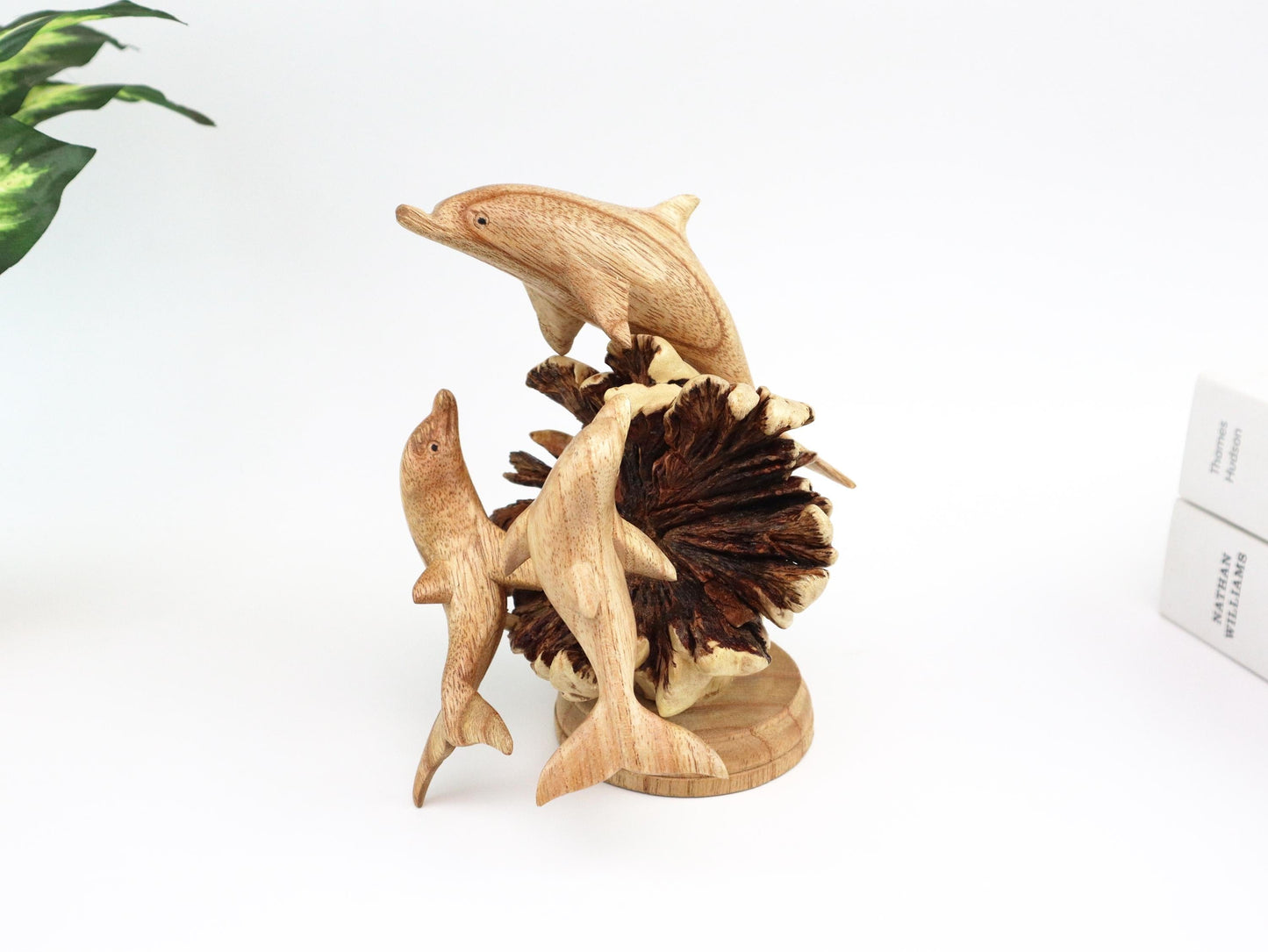 Hand-Carved Wooden Dolphin Family on Natural Wood Base - Coastal Home Decor