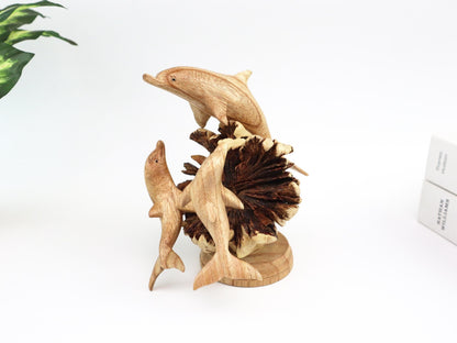 Hand-Carved Wooden Dolphin Family on Natural Wood Base - Coastal Home Decor
