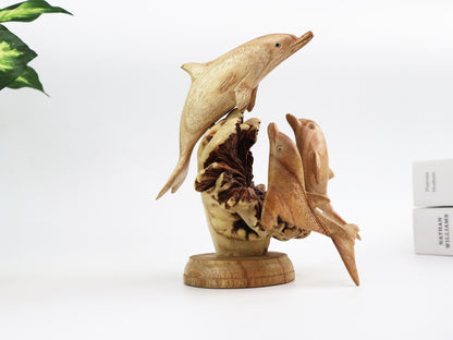 Hand-Carved Wooden Dolphin Family on Natural Wood Base - Coastal Home Decor