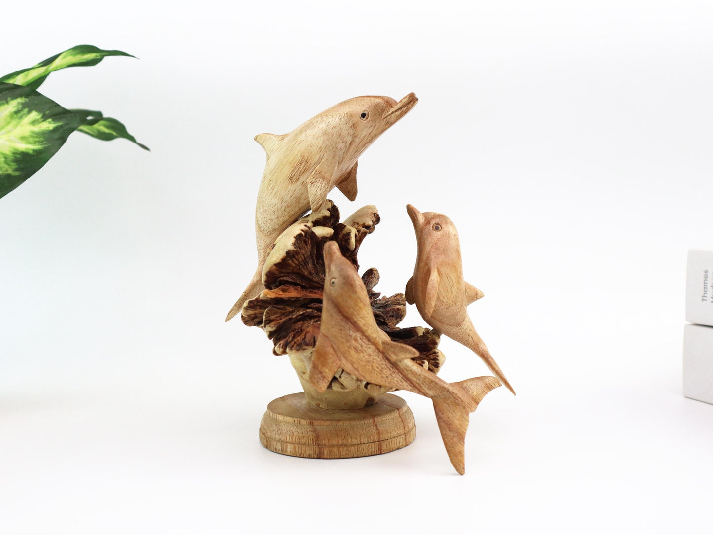 Hand-Carved Wooden Dolphin Family on Natural Wood Base - Coastal Home Decor
