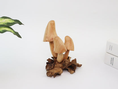 Hand-Carved Natural Wood Conical Mushroom Sculpture - Rustic Woodland Decor