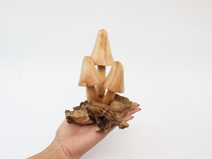 Hand-Carved Natural Wood Conical Mushroom Sculpture - Rustic Woodland Decor